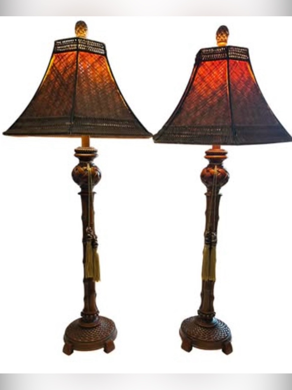 Vtg Pair Mid 20th Century Faux Bamboo Table Lamps Woven Rattan/Wicker Lamp Shade